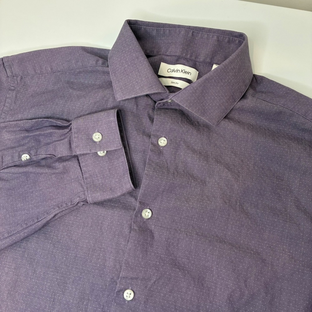 Calvin Klein Mens Purple Micro Dot Slim Fit Dress Shirt 16.5 32/33 L Long Sleeve